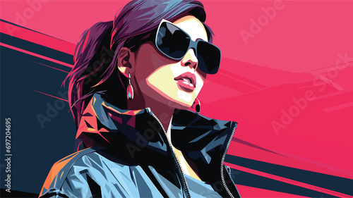  fashion cyberpunk girl drive supercar asian woman with future digital glasses realistic. Vector illustration 