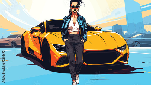 fashion cyberpunk girl drive supercar asian woman with future digital glasses realistic. Vector illustration 