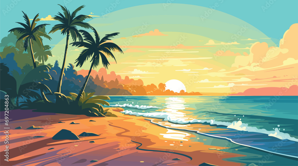  colorful illustration capturing spirit tropical beach. Vector illustration  - obrazy, fototapety, plakaty 