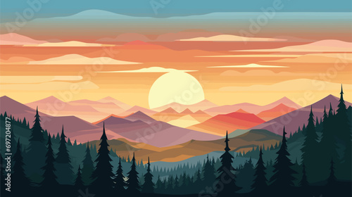  colorful landscape with trees mountains background. Vector illustration 