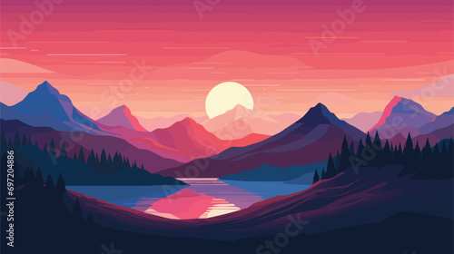  digital illustration mountain landscape with sunset background. Vector illustration  #697204886