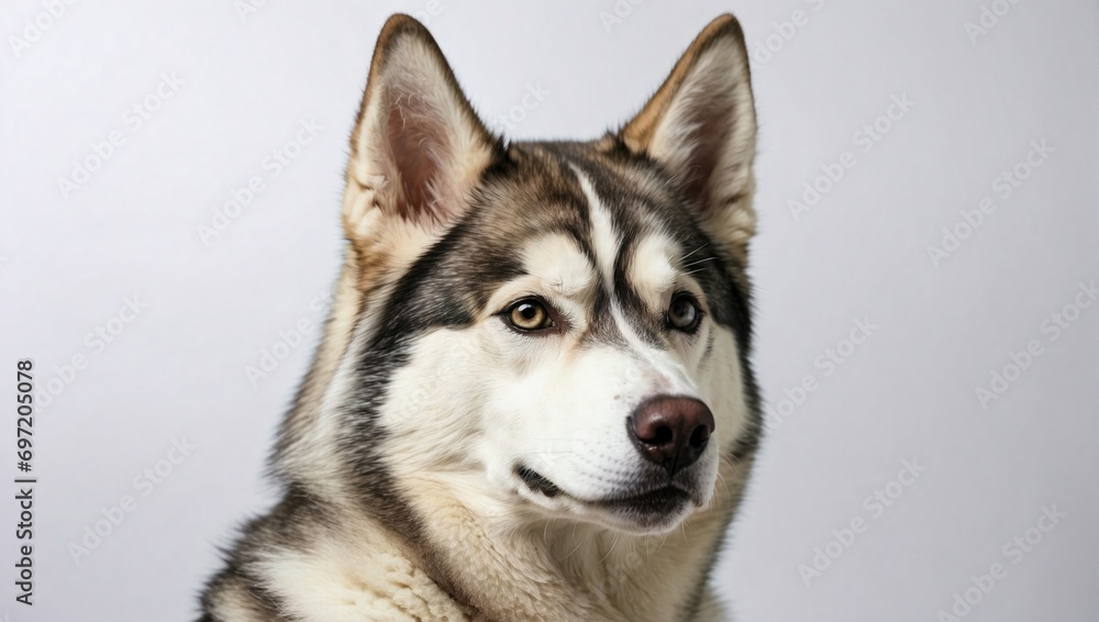 A majestic Siberian Husky with striking blue eyes and a beautiful black and white coat looks away thoughtfully, its fur texture highlighted against a simple grey background in a studio portrait. A majestic Siberian Husky with striking blue eyes and a beautiful black and white coat looks away thoughtfully, its fur texture highlighted against a simple grey background in a studio portrait.