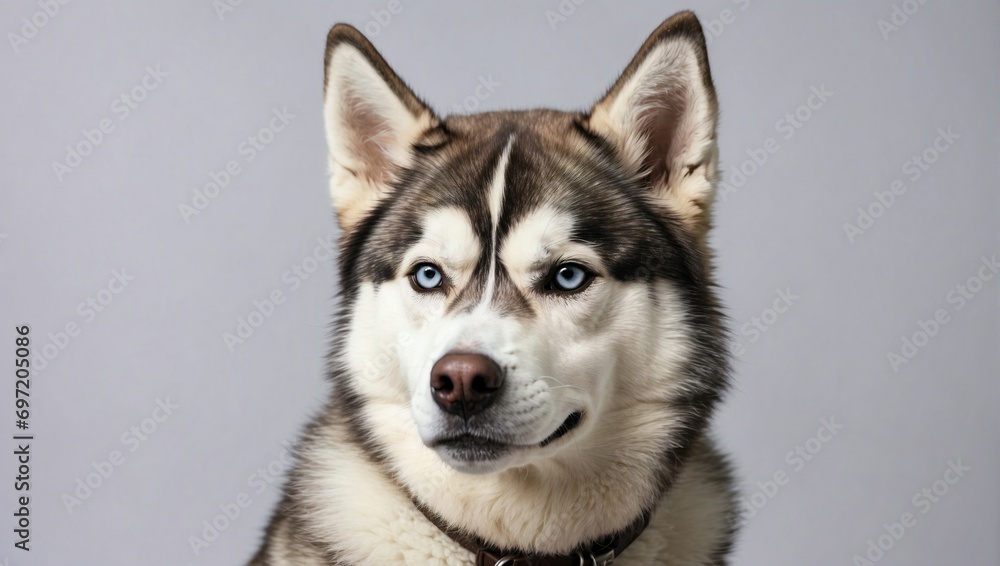 A captivating Siberian Husky with piercing blue eyes and a symmetrical face poses with a head tilt, its distinctive markings showcased against a neutral grey studio backdrop. A captivating Siberian Husky with piercing blue eyes and a symmetrical face poses with a head tilt, its distinctive markings showcased against a neutral grey studio backdrop.