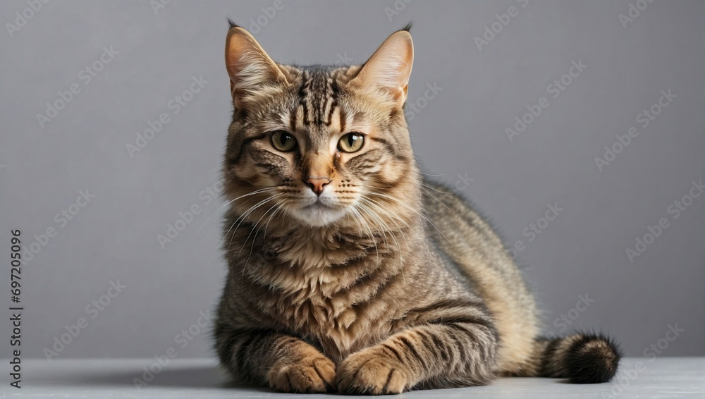 A mature tabby cat with sharp eyes and a richly patterned coat rests gracefully, its confident gaze and elegant posture emphasized against a smooth grey studio background. A mature tabby cat with sharp eyes and a richly patterned coat rests gracefully, its confident gaze and elegant posture emphasized against a smooth grey studio background.