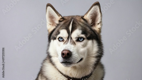 A captivating Siberian Husky with piercing blue eyes and a symmetrical face poses with a head tilt  its distinctive markings showcased against a neutral grey studio backdrop.