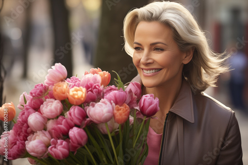 Middle-aged woman with a smile and a bouquet of tulips © kazakova0684