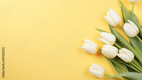 pale yellow background with a bouquet of white tulips