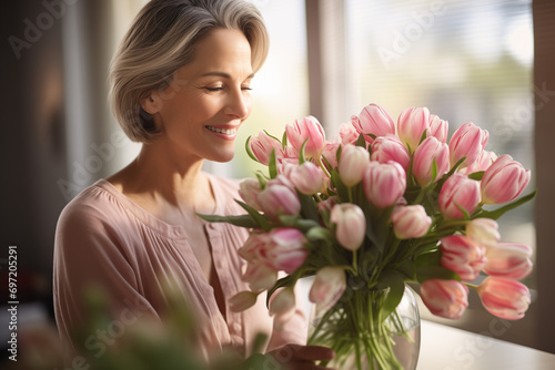 woman sniffing a bouquet of tulips, spring mood, mother's day