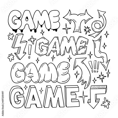 Outline doodle set with word Game and arrows