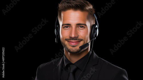 Male customer service representative in headset consulting clients online. Call center agent. Generative AI © AngrySun