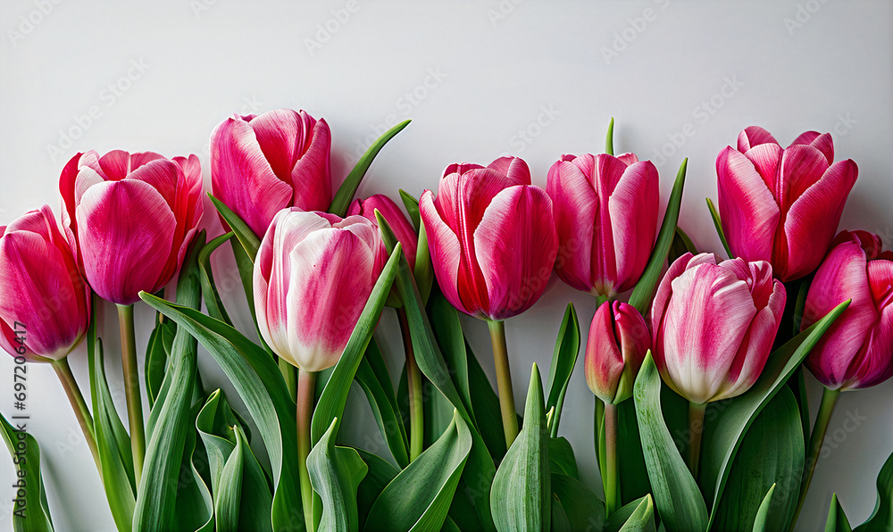 Bouquet of tulips on a pink background. Mother's day, Valentine's day, birthday celebration concept. Greeting card. Copy space for text. Generative AI Bouquet of tulips on a pink background. Mother's day, Valentine's day, birthday celebration concept. Greeting card. Copy space for text. Generative AI