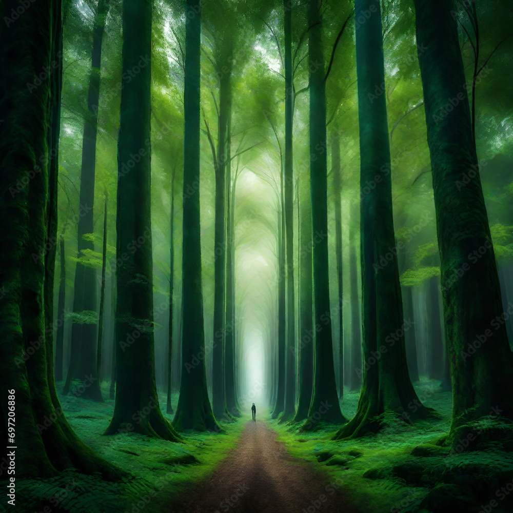 A breathtaking forest scene unfolds, where towering trees stand like ancient sentinels.