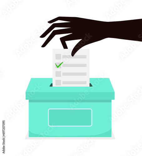The black hand places the ballot into the ballot box. Vector illustration