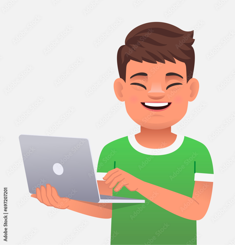 Smart boy with the genetic disease Down Syndrome is standing with a laptop in his hands. Smiling, happy white guy. The sunny child. Smart boy with the genetic disease Down Syndrome is standing with a laptop in his hands. Smiling, happy white guy. The sunny child.