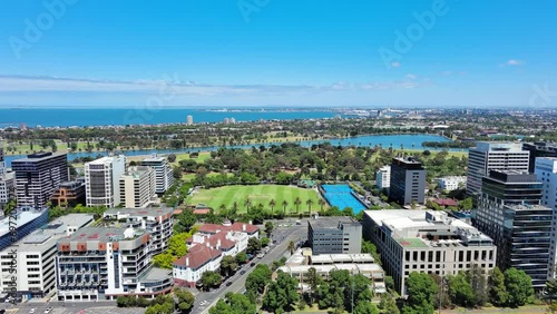 Melbourne, Australia: Aerial view of Albert Park with Albert Park Lake in capital city of Victoria, sunny day with clear blue sky photo