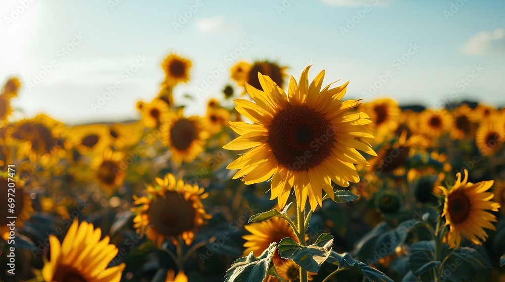 Obraz premium A tranquil field of blooming sunflowers under a clear blue sky. generative AI