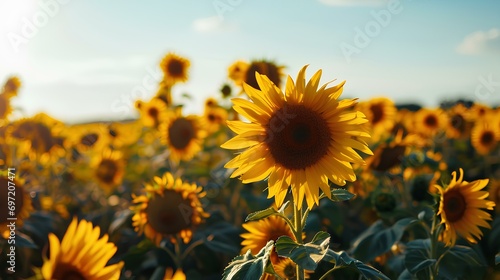 A tranquil field of blooming sunflowers under a clear blue sky. generative AI