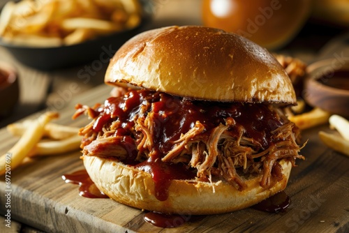 Homemade BBQ Delight: A Culinary Journey of Flavor Unfolds with a Pulled Pork Sandwich, Featuring Shredded Slow-Cooked Pork, Tangy Barbecue Sauce, and Fresh Coleslaw Nestled in Soft Buns.







