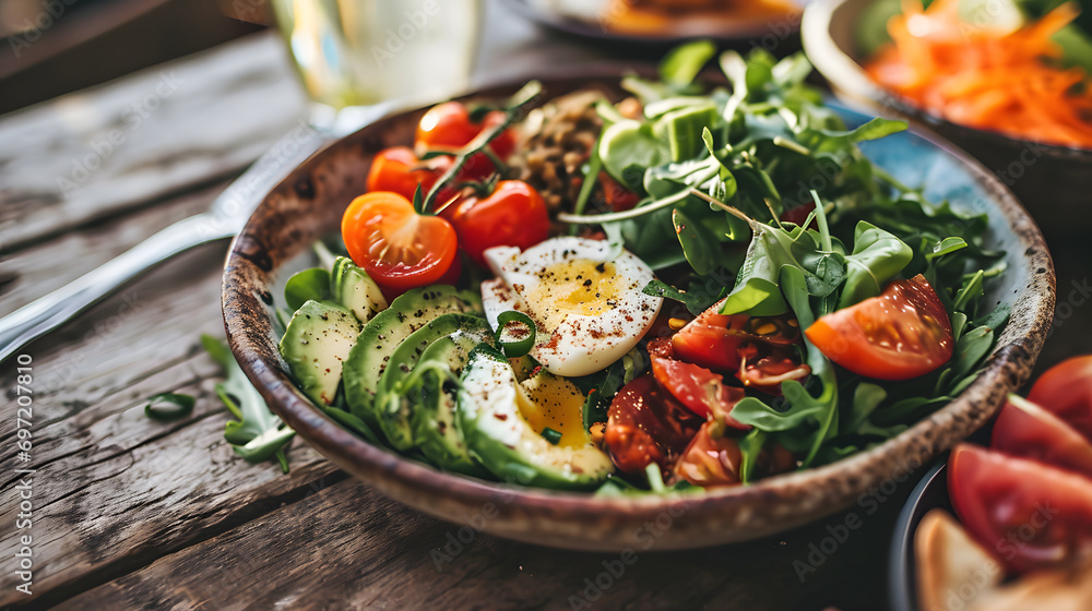 Healthy Avocado Tomato and Arugula Salad with Boiled Eggs