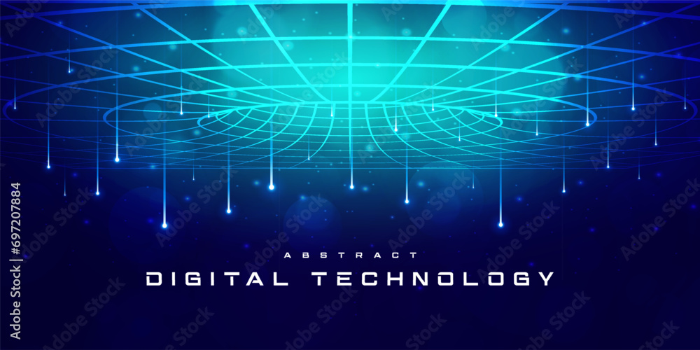 Naklejka premium Digital technology futuristic blue green background, internet network connection, abstract cyber information communication, science innovation future tech, Ai big data line dot, illustration vector 3d