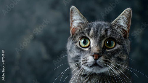 Close-Up of Grey Tabby Cat with Striking Green Eyes