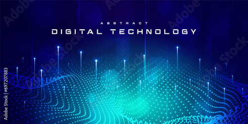 Digital technology futuristic blue green background, internet network connection, abstract cyber information communication, science innovation future tech, Ai big data line dot, illustration vector 3d