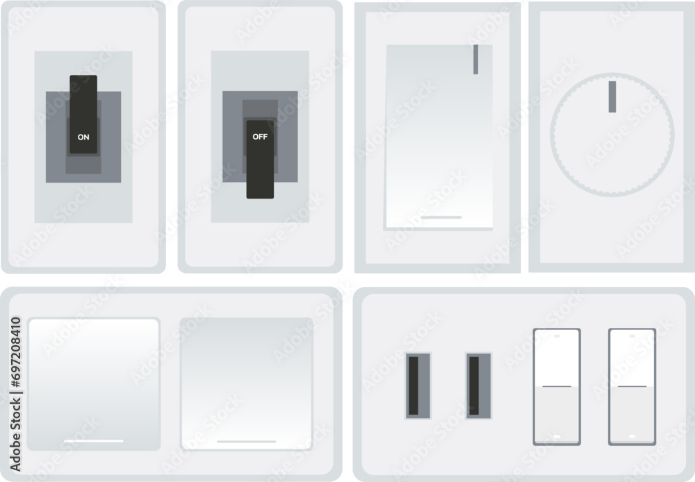 Wall switch. Power electrical switch. USB Charging on switch. Light switch. Vector illustration Wall switch. Power electrical switch. USB Charging on switch. Light switch. Vector illustration