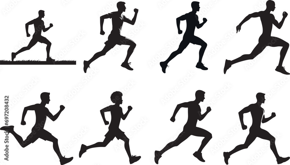 Running Men Silhouette, Vector Set Of Isolated Silhouettes Running Men Silhouette, Vector Set Of Isolated Silhouettes