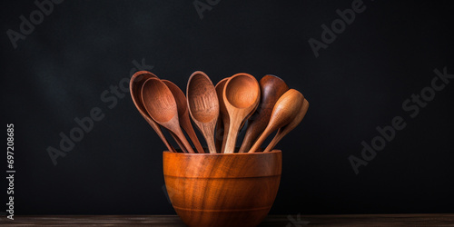 Wooden Top view of wooden bowl on kitchen counter   wooden spoons at left side of  wooden table background. AI Generative. photo