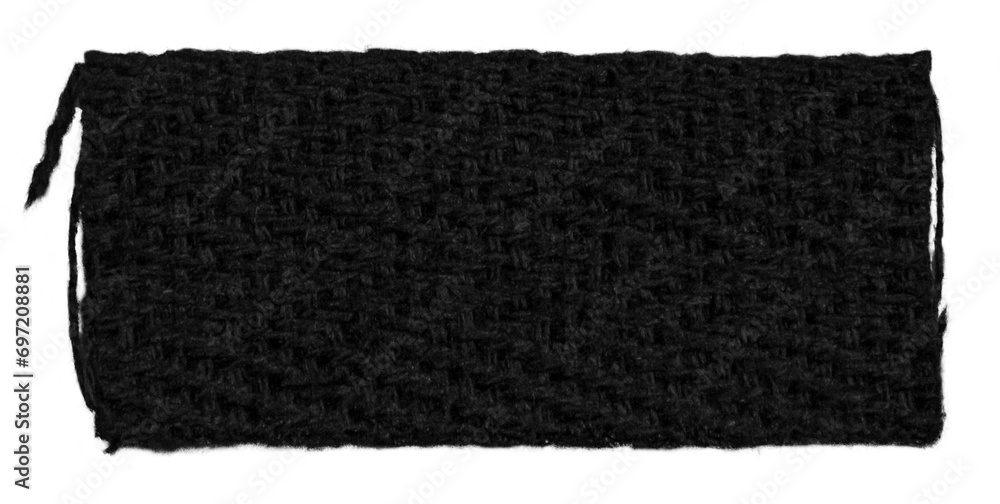 A piece of black knitted fabric with protruding threads on a blank background. A piece of black knitted fabric with protruding threads on a blank background.
