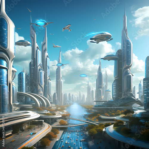 Futuristic cityscape with sleek skyscrapers and flying cars.