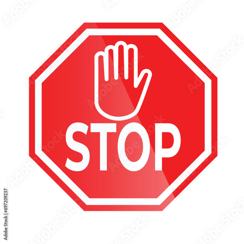 Simple red stop roadsign with big hand symbol or icon vector illustration