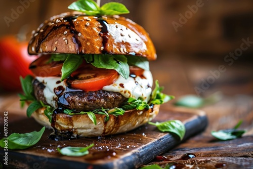Caprese Delight: Savor the Fresh and Vibrant Fusion in Every Bite of Our Caprese Burger, Featuring Juicy Beef, Tomato, Mozzarella, and Basil, Grilled to Perfection.

