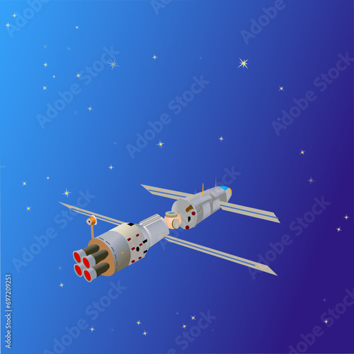 Cosmic station with solar panels flying through the space. Vector illustration 