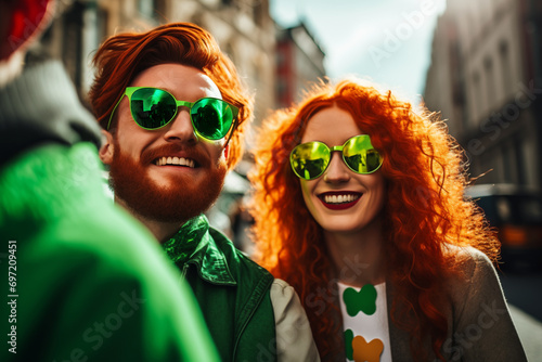 AI Generated Image. Young happy redhead friends wearing green St Patrick leprechaun costume on a city street