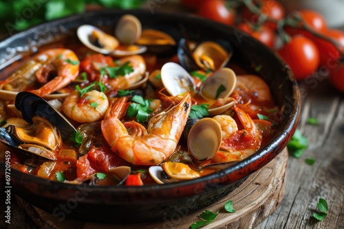 Seafood Harmony: Indulge in the Rich Tradition of Portuguese Cooking with Cataplana de Marisco, a Culinary Delight Where Shrimp, Mussels, and Clams Unite in a Flavorful Tomato Broth.