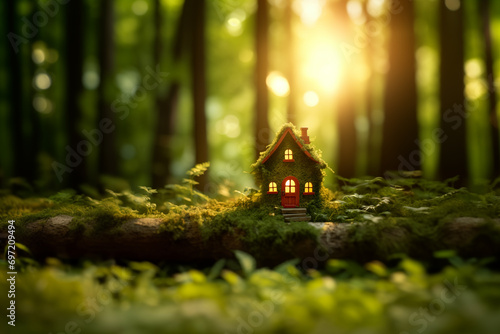AI Generated Image. Green leprechaun house in a magic forest photo