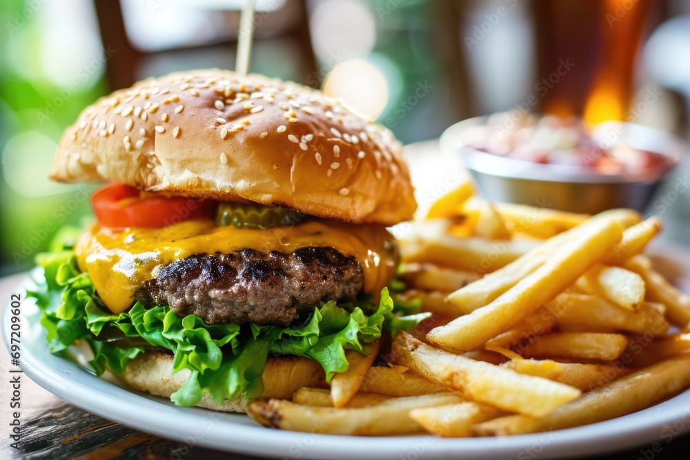 Classic Comfort: Indulge in the Timeless Pleasure of a Cheeseburger with Fries, Featuring a Juicy Beef Patty, Melted Cheese, Fresh Lettuce, Tomato, and Crispy Golden Potatoes - A Tasty American Meal.
Classic Comfort: Indulge in the Timeless Pleasure of a Cheeseburger with Fries, Featuring a Juicy Beef Patty, Melted Cheese, Fresh Lettuce, Tomato, and Crispy Golden Potatoes - A Tasty American Meal.