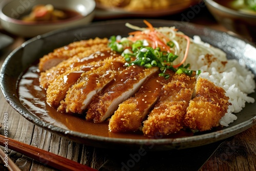 Crispy Perfection  Dive into the Irresistible Fusion of Flavors with Our Chicken Katsu Curry  a Japanese Delight Featuring Breaded Chicken  Spicy Curry Sauce  and Fragrant Rice.  