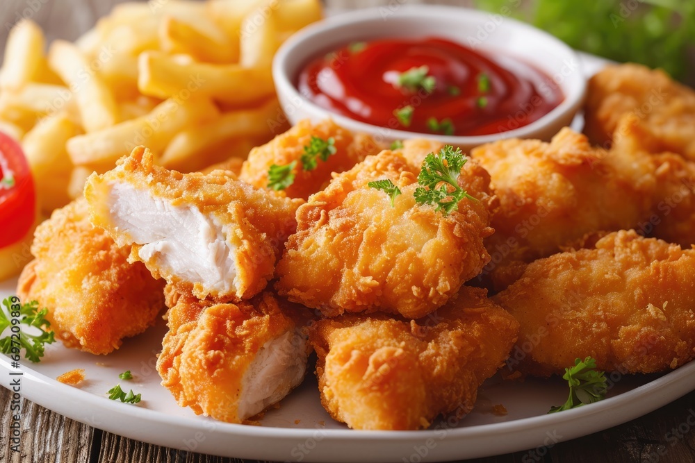 Golden Delight: Nuggets with Dipping Sauce - Bite-sized Pieces of Crispy Fried Chicken, an Irresistible Appetizer That Elevates the Art of Comfort Food Golden Delight: Nuggets with Dipping Sauce - Bite-sized Pieces of Crispy Fried Chicken, an Irresistible Appetizer That Elevates the Art of Comfort Food