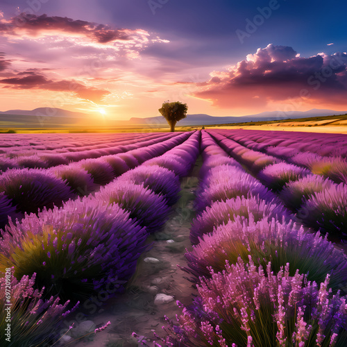 Lavender field in full bloom with a meandering path cutting through it.