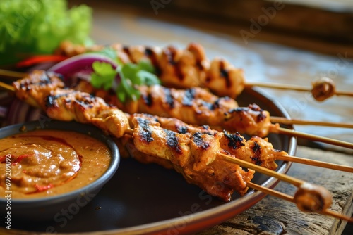 Savor the Southeast: Chicken Satay with Peanut Sauce, a Popular Grilled Appetizer Bursting with Delicious and Flavorful Indonesian and Thai Culinary Influences.

