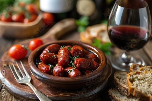 A Taste of Spain: Chorizo in Wine - An Ode to Spanish Culinary Excellence, Where Succulent Sausage Meets the Richness of Red Wine in a Dish Bursting with Authentic Flavor.