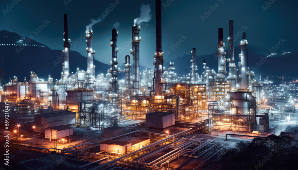 Fototapeta premium Evening City Skyline with Illuminated Skyscrapers and Smoke Stack in Oil Industry