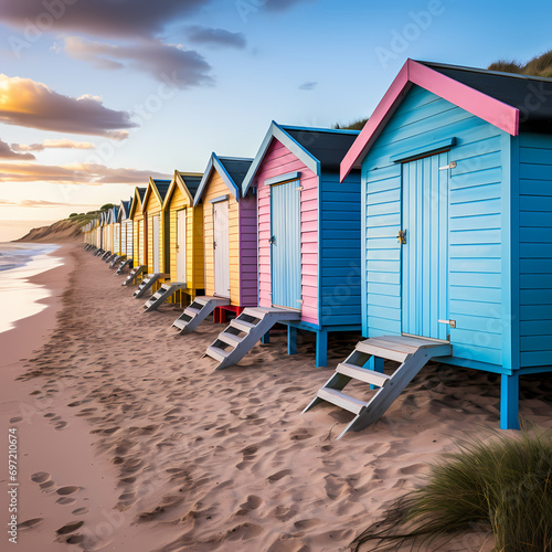Row of beach huts in pastel colors along a sandy shoreline. © Cao