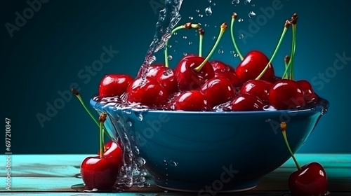 Ripe wet sweet cherries are poured out of the blue bowl on wooden background. Generative AI
