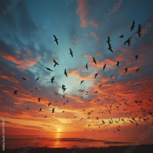 Silhouettes of migratory birds against a vibrant evening sky.