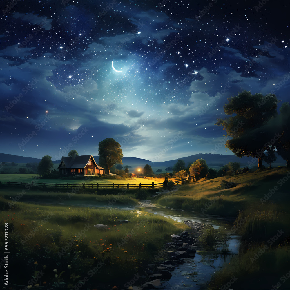 Starry night sky over a tranquil countryside.