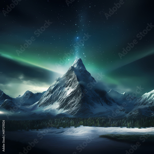 Snow-covered mountain peak under the shimmering northern lights.