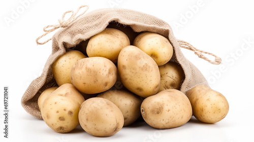 Burlap sack with potato isolated on white background. Generative AI